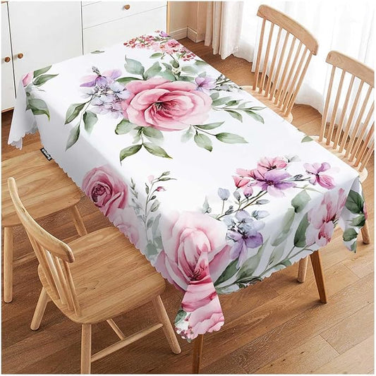 Swono Rose Table Cloth Rectangle Tables Watercolor Pink Flowers Rose Leaves Kitchen Table Cover Oblong 52"X70" Tablecloth for Dining Table Buffet Parties Patio and Camping