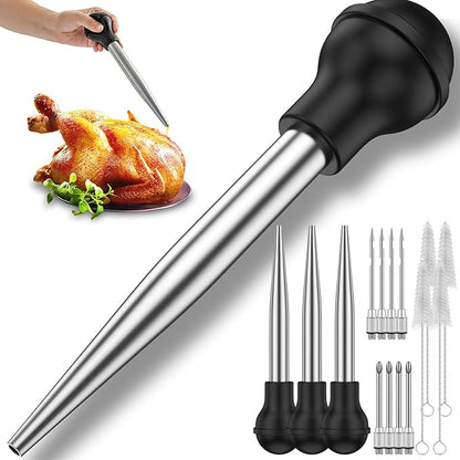4pack Turkey Baster for Cooking, 16 Pieces Stainless Steel Meat Injector Syringe with 8 Needles & 4 Brushes, Silicone Bulb Baster for BBQ Thanksgiving Kitchen Cooking