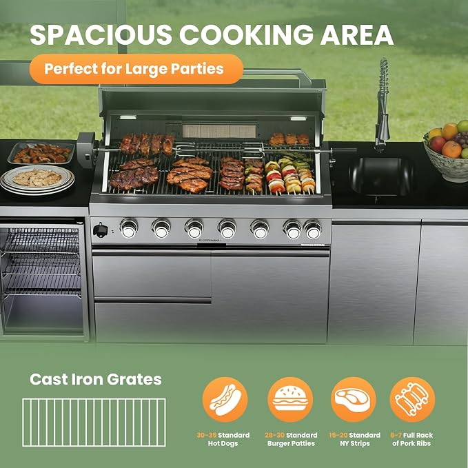 108" Outdoor Kitchen Island Crafted from Stainless Steel,6-Burner 85,000 BTU Propane Grill,Rotisserie Oven,Galvanized Steel Roof,Granite Countertops,Refrigerator,Storage Cabinets,Sink.(Propane Gas)