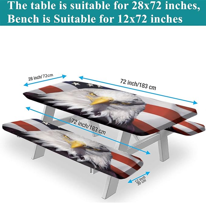 American Flag Picnic Fitted Tablecloth with Benches Covers, 4th of July USA Flag Elastic Edge Fitted Table Cover, 28x72 Inch, 3 Piece Set, for Summer Spring Picnics Dinner, Red Blue