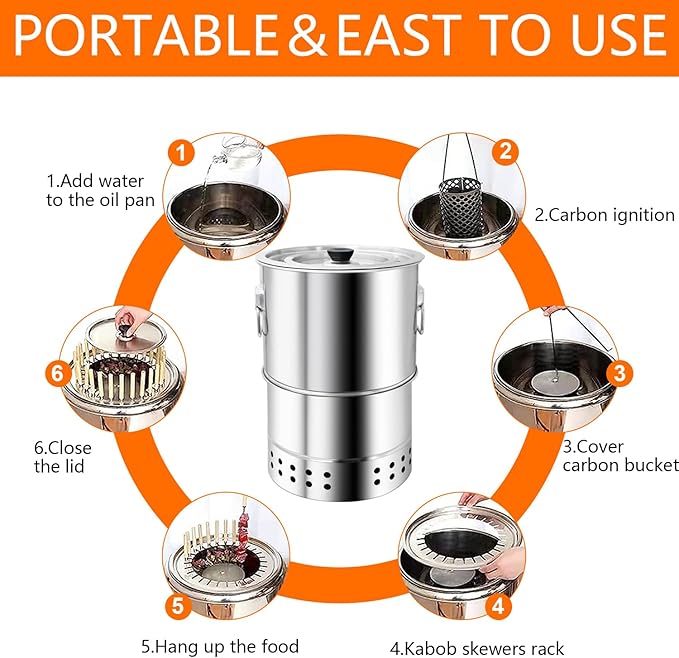 Stainless Smokeless Charcoal Grills Surround Charcoal Barrel Grill 360° Smokeless Outdoor Barbecue Grill for Travel for Travel, Outdoor Cooking and BBQ, Camping Grill Picnic Patio Backyard