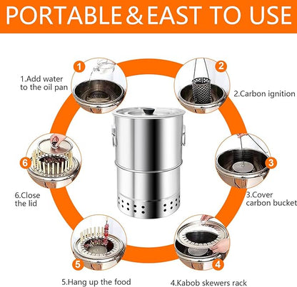 Stainless Smokeless Charcoal Grills Surround Charcoal Barrel Grill 360° Smokeless Outdoor Barbecue Grill for Travel for Travel, Outdoor Cooking and BBQ, Camping Grill Picnic Patio Backyard