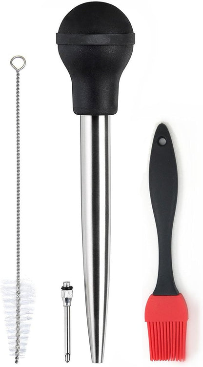 Stainless Steel Turkey Baster Syringe & Silicone Basting Brush Set, Rubber Bulb Manual Pump with Needle and Cleaning Brush