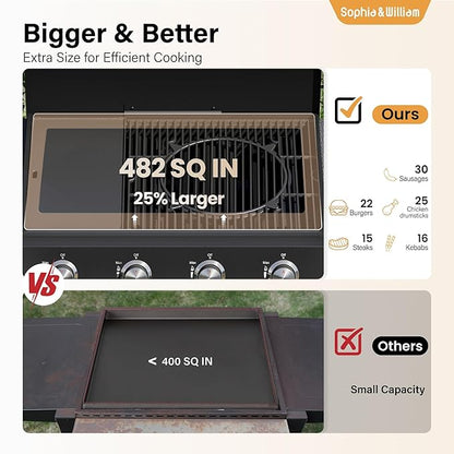 Sophia & William 4-Burner Gas Grill Griddle Combo with Stove, 482 SQ.IN.Cooking Area, 52,000 BTU Propane Barbeque Grills Outdoor Cooking with Two Shelves for Outside BBQ Patio Barbecue, Black