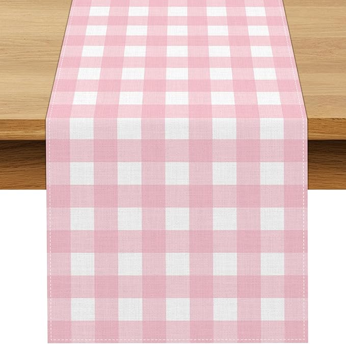 Pink Gingham Party Supplies Light Pink and White Checkered Table Runner Easter Baby Shower BBQ Picnic Home Kitchen Island Decor (Pink, 13" x 108")