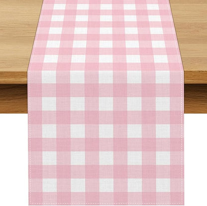 Pink Gingham Party Supplies Light Pink and White Checkered Table Runner Easter Baby Shower BBQ Picnic Home Kitchen Island Decor (Pink, 13" x 108")