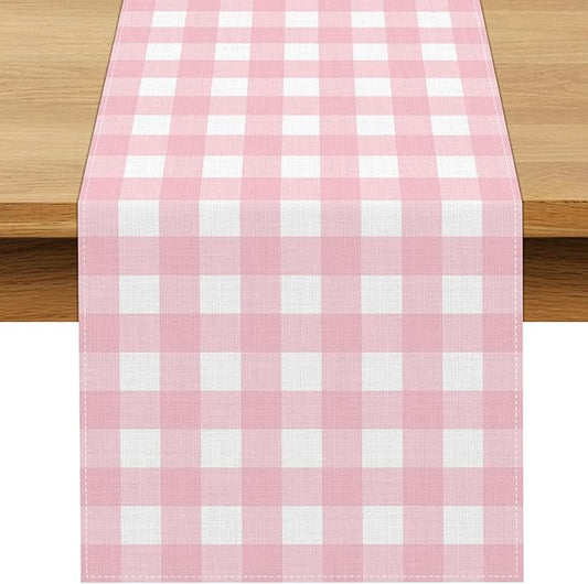Pink Gingham Party Supplies Light Pink and White Checkered Table Runner Easter Baby Shower BBQ Picnic Home Kitchen Island Decor (Pink, 13" x 108")