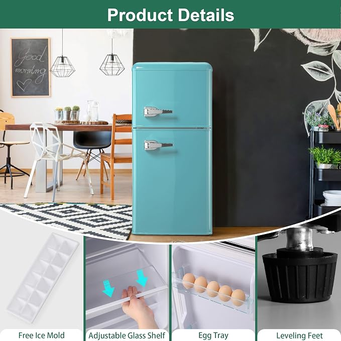 Retro Fridge with Freezer, 3.5 Cu. Ft. Mini Fridge Mint Blue | Small Refrigerator with 7-Level Adjustable Thermostat, Retro Compact Refrigerator 2-Door Fridges for Apartment/Dorm/Office/RV