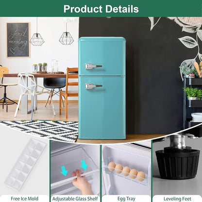 Retro Fridge with Freezer, 3.5 Cu. Ft. Mini Fridge Mint Blue | Small Refrigerator with 7-Level Adjustable Thermostat, Retro Compact Refrigerator 2-Door Fridges for Apartment/Dorm/Office/RV