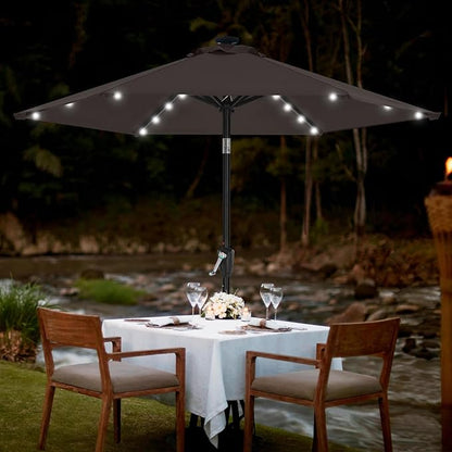 MASTERCANOPY 7.5FT 6Ribs Patio Umbrella with 32 Solar LED Lights, Outdoor Market Umbrella with Tilt & Crank, UV Protection & Fade Resistant Fabric, Easy Set-Up for Garden, Deck, Pool (Brown)