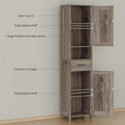 Homhedy 67" H Tall Bathroom Storage Cabinet with Barn Doors and Drawer | Narrow Storage Unit with Adjustable Shelves, Floor Cabinet for Bathroom, Living Room, Entryway or Kitchen, Greige, 15.7" W