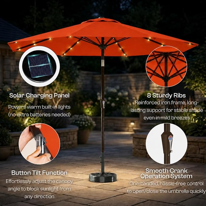 10FT Solar Lighted Patio Umbrella, Outdoor Table Market Umbrellas with Push Button Tilt and Crank, 32 LED Lights, 8 Sturdy Ribs, UV-Resistant for Deck, Garden, Pool
