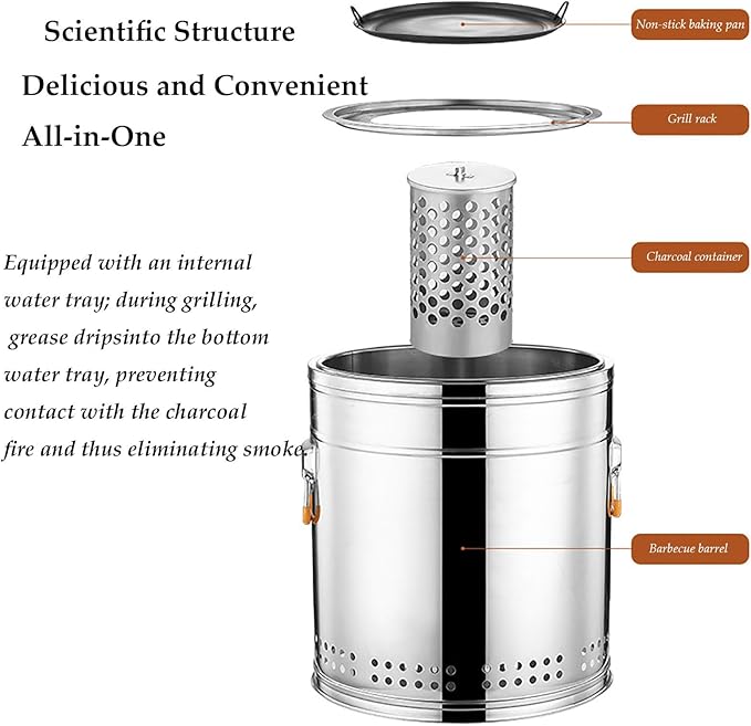 Stainless Steel Charcoal Smoker Grill,Portable Outdoor Smokers with Even Heat Distribution, with Heat-Resistant Handle, Small Charcoal Smoker for Grilling Meat Veggies(Single,Small)