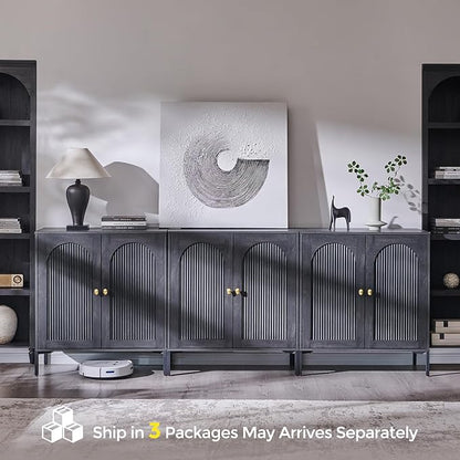 IFBUY Modern Sideboard Buffet Cabinet, 92.63" W Fluted Arched Buffet Cabinet with Storage and Adjustable Shelves, Wooden Modular Coffee Bar Cabinets for Kitchen, Entryway, Dark Grey