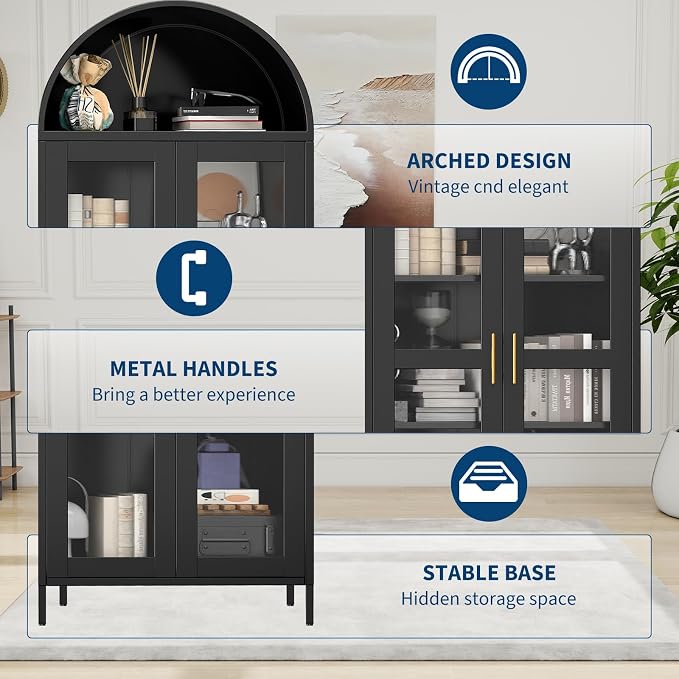 PioneerWorks 73" Arched Metal Storage Cabinet with Glass Door | 2 Adjustable Shelves | Arch-Top Storage Unit for Pantry, Living & Dining Rooms - Dark Black with Legs