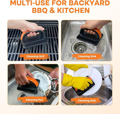 Griddle Cleaning Kit for Blackstone Rust Removal Restoration Pad | 3 Griddle Cleaning Pads & 1 Ergonomic Handle For Flat Top Grill, Brush with Flexible Steel Wire Layer Removes Stubborn Grease