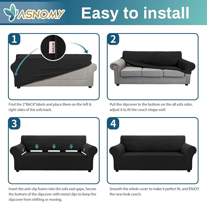 Asnomy Stretch Couch Covers for Sofa Washable, 3 Cushion Couch,Black | 1-Piece Sofa Covers(78"-94") 3-Seater Furniture Protector Soft Jacquard,Non-Slip Elastic Bottom For Dogs & Kids