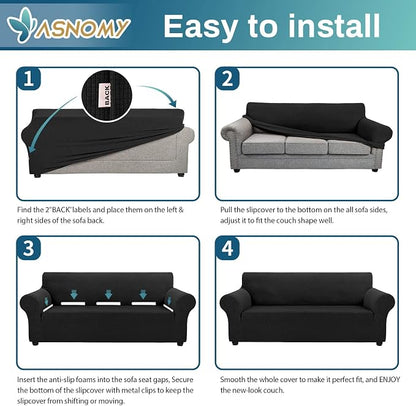 Asnomy Stretch Couch Covers for Sofa Washable, 3 Cushion Couch,Black | 1-Piece Sofa Covers(78"-94") 3-Seater Furniture Protector Soft Jacquard,Non-Slip Elastic Bottom For Dogs & Kids
