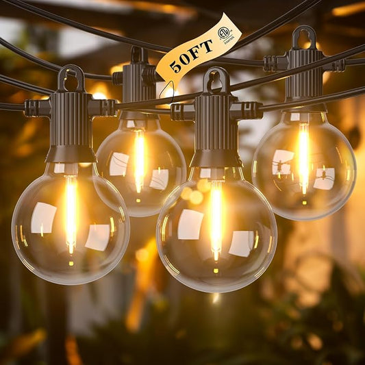 Kawaya Outdoor String Lights 50 FT LED Patio Light with 25+2 Shatterproof Edison Globe Bulbs - IP65 Waterproof Dimmable Hanging Lights - 2700K Warm White Lighting for Outside Porch Deck Bistro Cafe