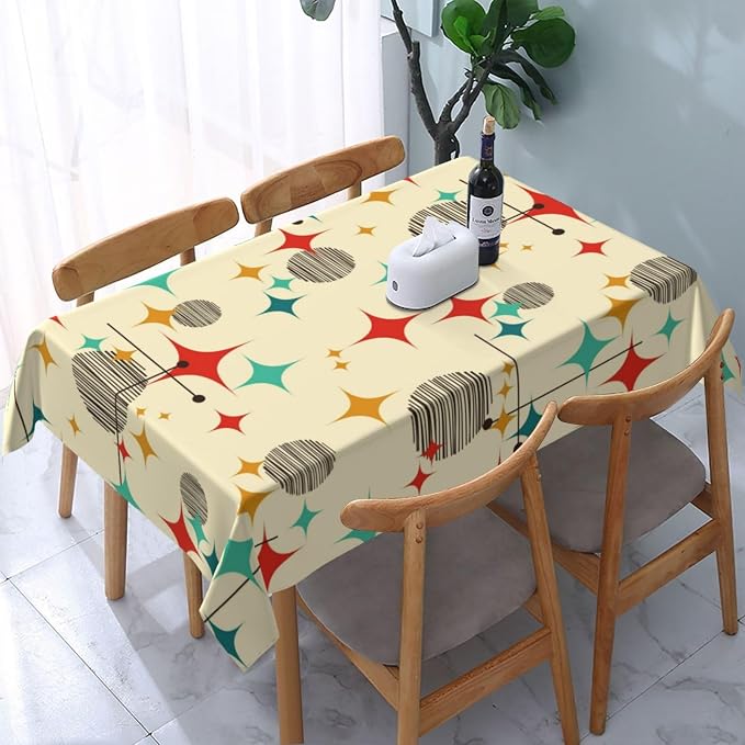 Mid Century Modern Atomic Retro Tablecloth Rectangle 54"x72" Yellow | Waterproof Table Cloth For Kitchen Dining Party Patio Picnic Wedding Outdoor Indoor Home Decor