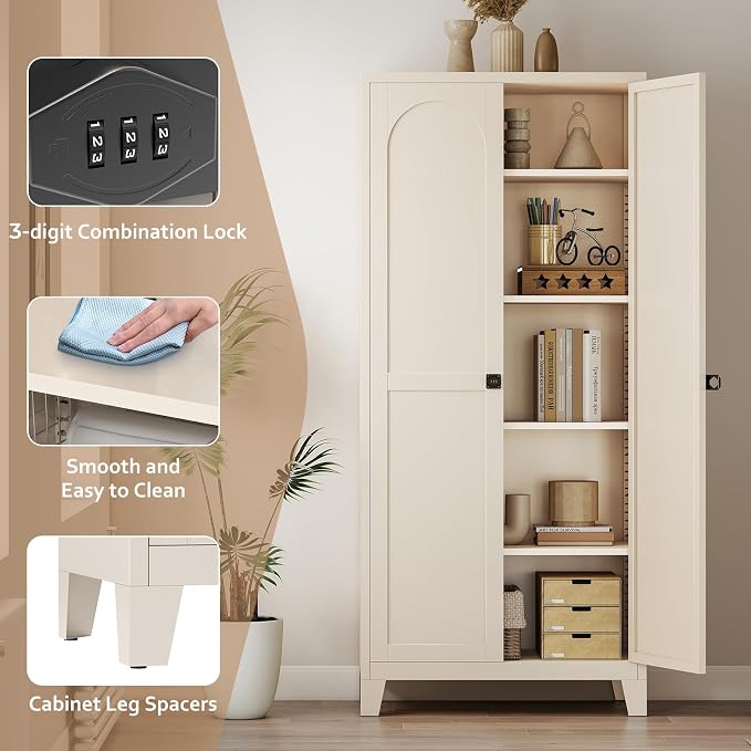 Zevemomo 71" Metal Locking Cabinet Lockable Storage Cabinet for Home Office | Pantry Cabinet with 4 Adjustable Shelves & 2 Doors, Steel Lockable Cabinet with 3-Digit Combination Lock for Kitchen, Office