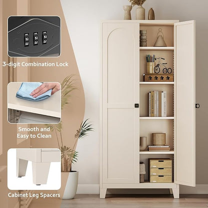 Zevemomo 71" Metal Locking Cabinet Lockable Storage Cabinet for Home Office | Pantry Cabinet with 4 Adjustable Shelves & 2 Doors, Steel Lockable Cabinet with 3-Digit Combination Lock for Kitchen, Office