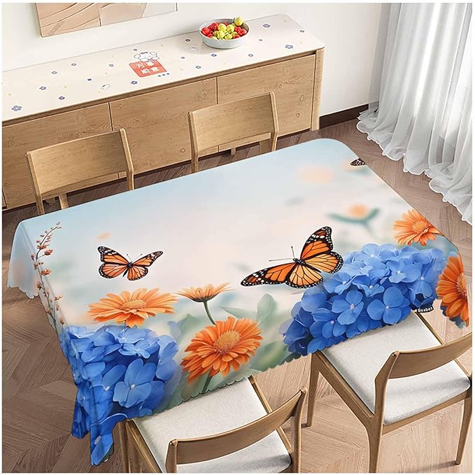 Decorative Rectangle Tablecloth 52"X70" Butterflies, Floral Daisies Butterfly Wrinkle Free Table Cover Picnic Table Cloths for Parties Weddings Kitchen Tablecloth, Blue