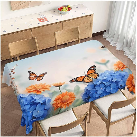 Decorative Rectangle Tablecloth 52"X70" Butterflies, Floral Daisies Butterfly Wrinkle Free Table Cover Picnic Table Cloths for Parties Weddings Kitchen Tablecloth, Blue