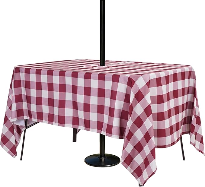Poise3EHome Rectangle Outdoor Tablecloth with Umbrella Hole and Zipper,Burgundy Checkered 84x60 Inch,SpillProof Washable Table Cloth for Spring Summer Patio Garden Poolside Picnic Camping BBQS
