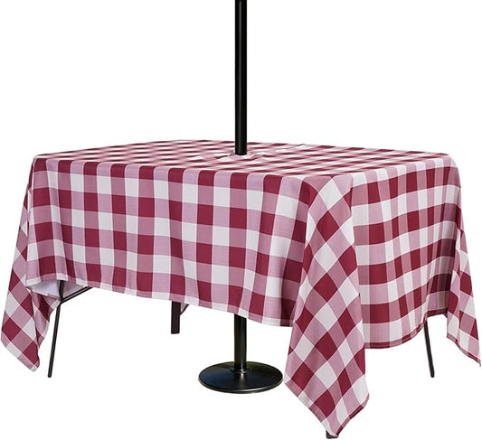 Poise3EHome Rectangle Outdoor Tablecloth with Umbrella Hole and Zipper,Burgundy Checkered 70x52 Inch,SpillProof Washable Table Cloth for Spring Summer Patio Garden Poolside Picnic Camping BBQS