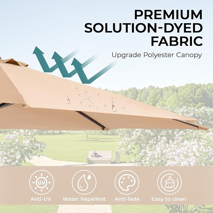 15ft Patio Umbrella with Base, 10-Year-No-Fade Large Outdoor Double-Sided Market Umbrella with UPF50+Terylene Polyester Fabric and Crank for Poolside Garden Deck Backyard Beach Pools