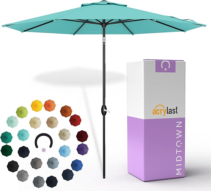 Midtown Umbrellas – The Lean 10 Ft Patio Umbrella with 10-Year-No-Fade Acrylast Acrylic Fabric, Auto-Tilt and 8 Reinforced Ribs for Deck, Pool, Garden, Hotel & Cafes – Azure Canopy, Black Pole
