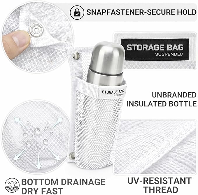 Marine Mesh Single-Pocket Boat Gear Storage Bag, Black Large Fabric Boat Cup Holder, Screw Snap Mount (White, Small)
