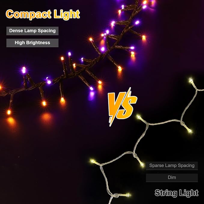 Purple Orange Halloween String Lights Outdoor, 46FT 500LED Twinkle Fairy Lights, 16 Modes Plug in Waterproof Cluster Lights for Bedroom Indoor Outdoor Halloween Decorations