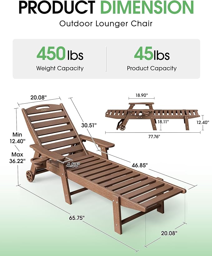 Lounge Chair Outdoor Set of 4 with Wheels, Adjustable 5-Position Chaise Lounge Outdoor, Patio Lounge Chair for Poolside Backyard, Brown