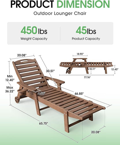 Lounge Chair Outdoor Set of 4 with Wheels, Adjustable 5-Position Chaise Lounge Outdoor, Patio Lounge Chair for Poolside Backyard, Brown