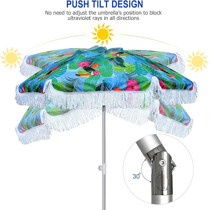 AMMSUN 6.5ft Tropical Fringe Beach Umbrella with Sand Anchor,Tilt,Air Vent | Heavy Duty High Wind Sun Shade Umbrellas,UPF50+,Portable Carry Bag,Windproof,for Sand Patio Garden Pool Backyard Outdoors