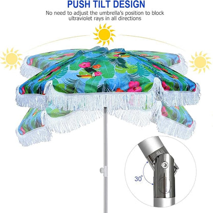AMMSUN 6.5ft Tropical Fringe Beach Umbrella with Sand Anchor,Tilt,Air Vent | Heavy Duty High Wind Sun Shade Umbrellas,UPF50+,Portable Carry Bag,Windproof,for Sand Patio Garden Pool Backyard Outdoors