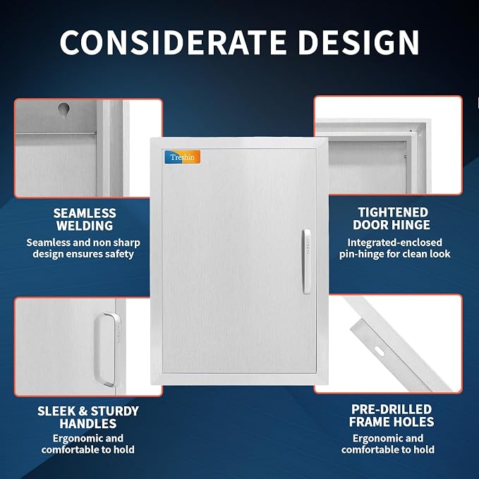 Treshin Outdoor Kitchen Door 17" W x 24" H, Single BBQ Access Doors | Stainless Steel Door with Magnetic Closure & Hooks, Flush Mount for Grill Island, Outdoor Kitchens, BBQ Station