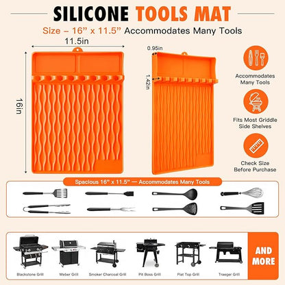 Blackstone Silicone Grill Mat BBQ Griddle Tool Mat Heat Resistant Spatula Mat with Drip Pad Side Mat for Blackstone Griddles Accessories Outdoor Kitchen Grills Countertop Protector Organizer (Orange)