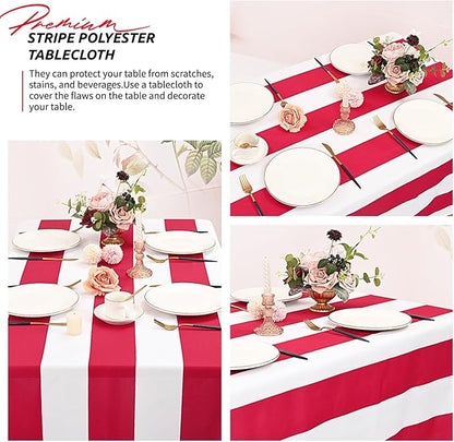 6 Pack Red and White Striped Tablecloth Rectangle 60x84inch Polyester Fabric Washable Table Cloth for Afternoon Tea Table Birthday Party Picnic Barbecue Gathering Indoor Outdoor Dining Decor