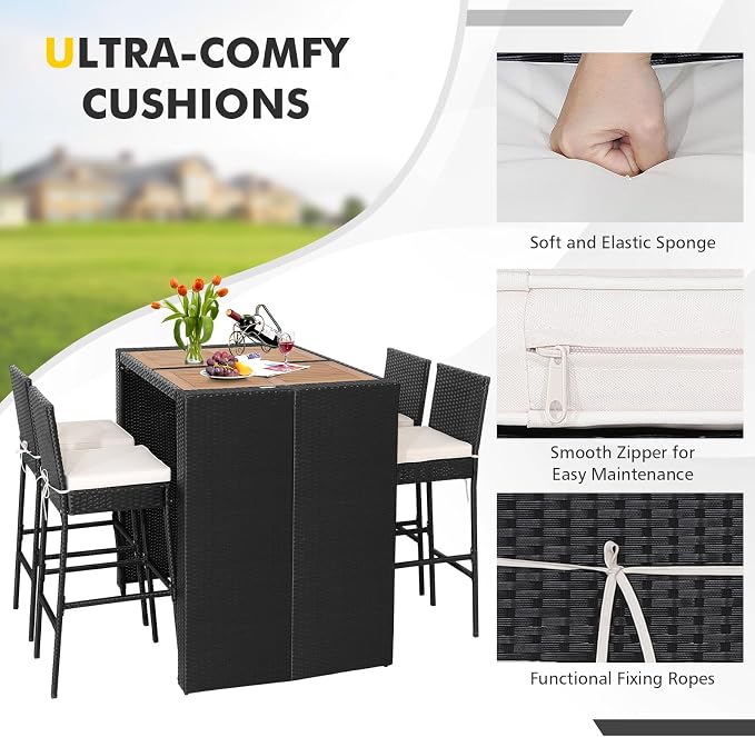 5 Piece Patio Wicker Bar Set, Rattan Bar Stools Set for Bistro with Acacia Wood Tabletop & Seat Cushions, Outdoor High Top Table and Chairs for Backyard Garden Porch Poolside (47.5 Inch)