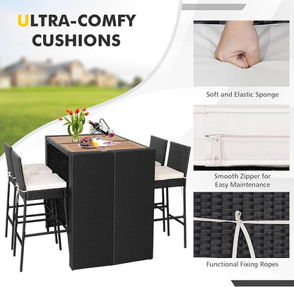 5 Piece Patio Wicker Bar Set, Rattan Bar Stools Set for Bistro with Acacia Wood Tabletop & Seat Cushions, Outdoor High Top Table and Chairs for Backyard Garden Porch Poolside (47.5 Inch)