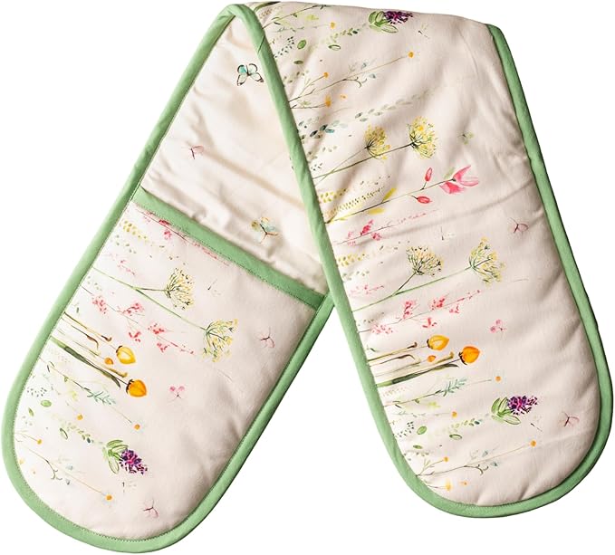 Maison d' Hermine Double Oven Mitts 100% Cotton 7"x35" Double Oven Mitt Heat Resistant BBQ Cooking Gloves with Loop Baking Grilling Kitchen Hotel Home Farmhouse Spring Summer (Botanical Fresh)