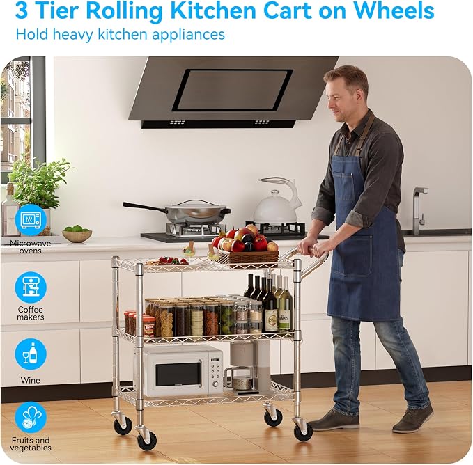 YNN Heavy Duty 3 Tier Utility Rolling Kitchen Cart on Wheels 990LB Capacity | Metal Utility Cart with Wheels Serving Cart Commercial Grade Carts with Wire Shelving & Handle Bar for Kitchen Office School