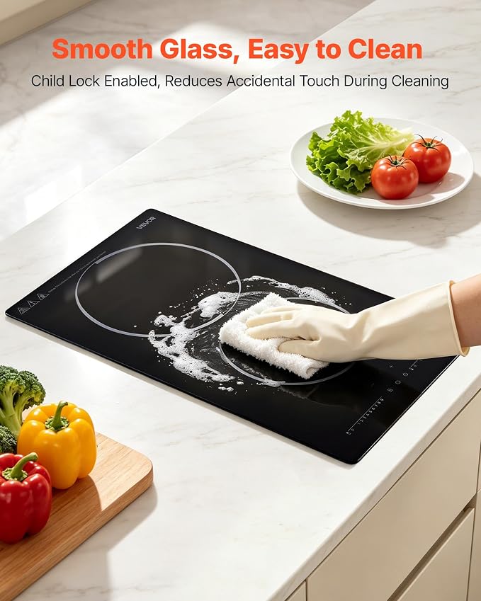 VEVOR Electric Cooktop 12inch 2 Burners Portable Stove Top 1800W 120V, Ceramic Countertop/Built-in Radiant Electric Stove, with 9 Power Levels, Timer, Child Lock, Over-Heat Guard, Touch Control