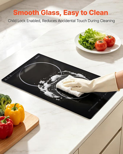 VEVOR Electric Cooktop 12inch 2 Burners Portable Stove Top 1800W 120V, Ceramic Countertop/Built-in Radiant Electric Stove, with 9 Power Levels, Timer, Child Lock, Over-Heat Guard, Touch Control