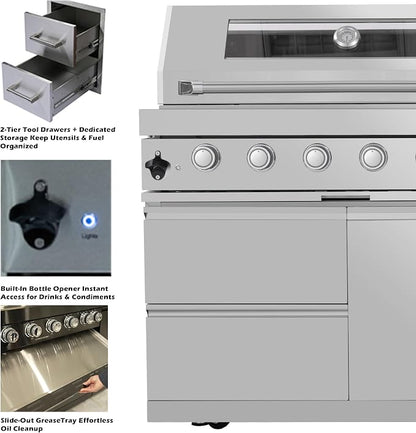 Outdoor Kitchen Island, 82 Inch 85000 BTU Gas Grill Combination With Refrigerator and Sink, Outdoor Stainless Steel Barbecue Bar,Natural Gas Barbecue Grill for Patios, Gardens, Parties