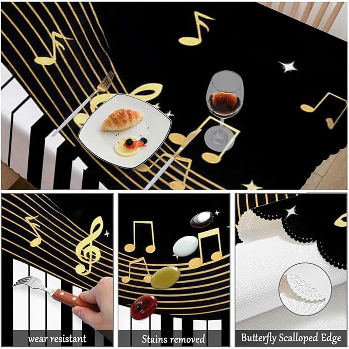 Swono Music Notes Table Covers 52x70 Inch Black Piano Musical Instrument and Notes Tablecloth Kitchen Dinning Tabletop Decoration, Table Cloth for Outdoor and Indoor Use