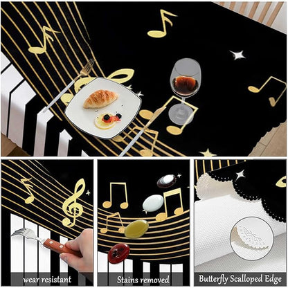 Swono Music Notes Table Covers 52x70 Inch Black Piano Musical Instrument and Notes Tablecloth Kitchen Dinning Tabletop Decoration, Table Cloth for Outdoor and Indoor Use